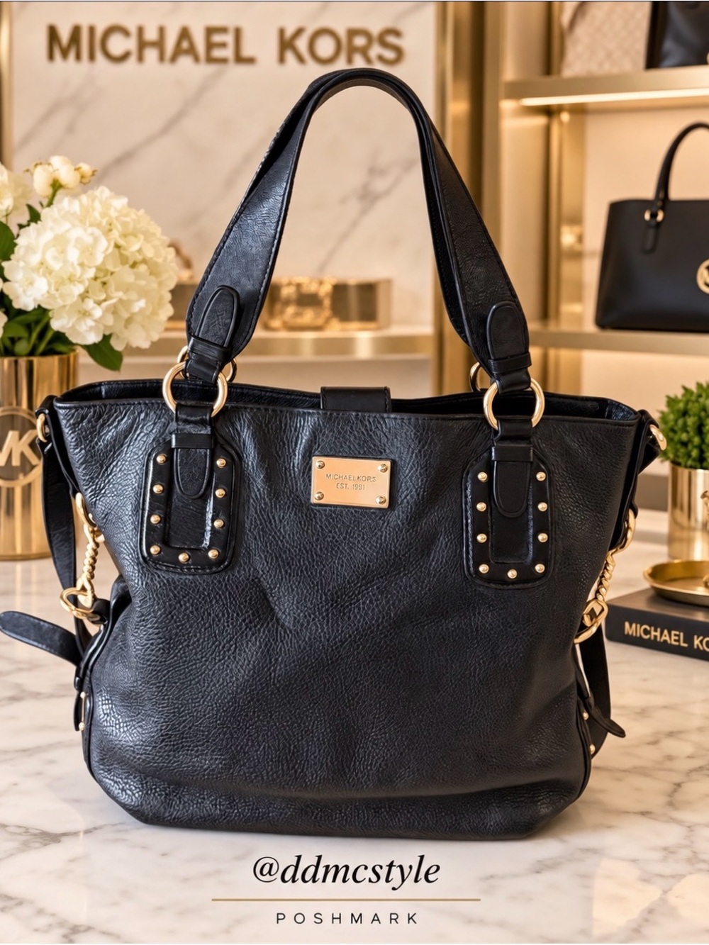 Michael Kors Black Leather Shoulder Bag with Gold Accents